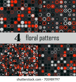 Set of four seamless floral pattern with colored elements, vector abstract background, colorful floral background