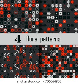 Set of four seamless floral pattern with colored elements, vector abstract background, colorful floral background