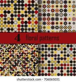 Set of four seamless floral pattern with colored elements, vector abstract background, colorful floral background
