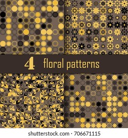 Set of four seamless floral pattern with colored elements, vector abstract background, colorful floral background