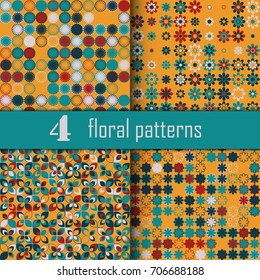 Set of four seamless floral pattern with colored elements, vector abstract background, colorful floral background