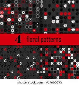 Set of four seamless floral pattern with colored elements, vector abstract background, colorful floral background