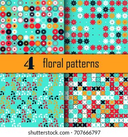 Set of four seamless floral pattern with colored elements, vector abstract background, colorful floral background