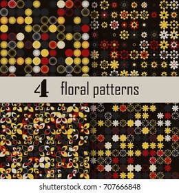 Set of four seamless floral pattern with colored elements, vector abstract background, colorful floral background