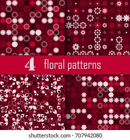 Set of four seamless floral pattern with colored elements, vector abstract background, colorful floral background