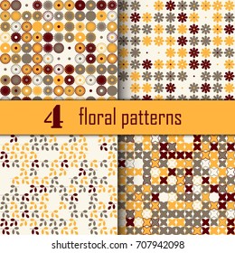 Set of four seamless floral pattern with colored elements, vector abstract background, colorful floral background