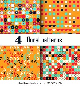 Set of four seamless floral pattern with colored elements, vector abstract background, colorful floral background