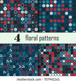Set of four seamless floral pattern with colored elements, vector abstract background, colorful floral background