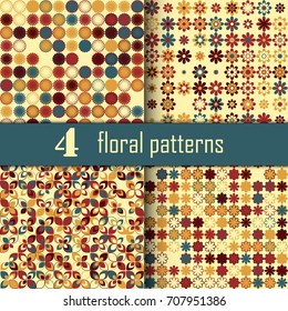 Set of four seamless floral pattern with colored elements, vector abstract background, colorful floral background
