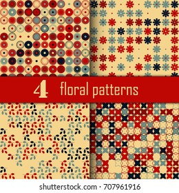 Set of four seamless floral pattern with colored elements, vector abstract background, colorful floral background