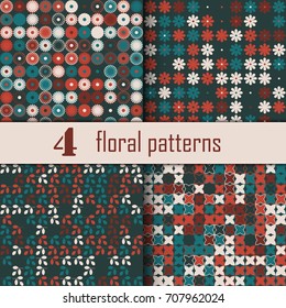 Set of four seamless floral pattern with colored elements, vector abstract background, colorful floral background