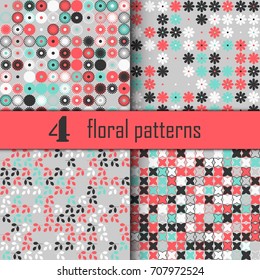Set of four seamless floral pattern with colored elements, vector abstract background, colorful floral background