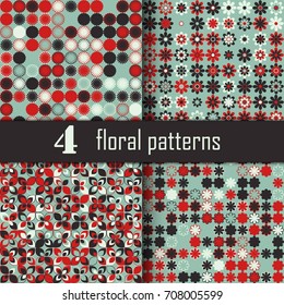 Set of four seamless floral pattern with colored elements, vector abstract background, colorful floral background