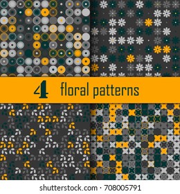 Set of four seamless floral pattern with colored elements, vector abstract background, colorful floral background