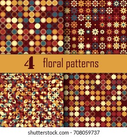 Set of four seamless floral pattern with colored elements, vector abstract background, colorful floral background