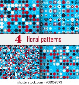 Set of four seamless floral pattern with colored elements, vector abstract background, colorful floral background