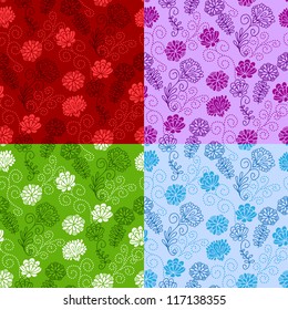 Set of four seamless floral patterns with cute flowers