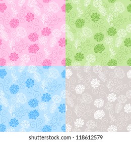 Set of four seamless floral patterns with cute flowers