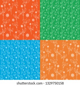 Set of four seamless floral patterns. Pattern on a uniform bright background. Contour pattern. Flowers and clover leaves. For design and decoration of paper, fabric, Wallpaper.
