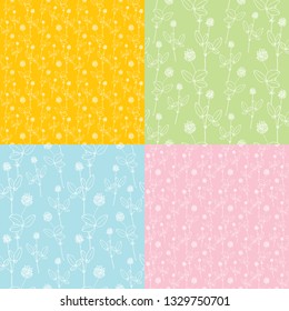 Set of four seamless floral patterns. A uniform pattern on a delicate background. Contour pattern. Flowers and clover leaves. For design and decoration of paper, fabric, Wallpaper.