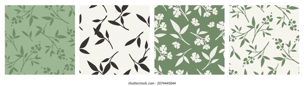 Set of four seamless floral patterns with flowers and leaves. Green and beige vector backgrounds.