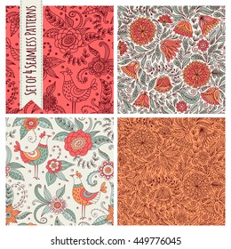 Set of four seamless floral patterns. Freehand drawing