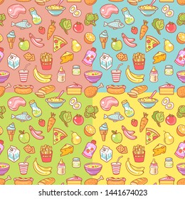 Set of four seamless food pattern. Fast food and healthy food for kids. Child nutrition. Endless background. Baby meal objects. Fruits and vegetables. Milk and meat. Colorful vector illustration.