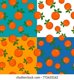 Set of four Seamless Fruit Citrus Patterns ,Tropical Fruit Orange on White Green Yellow and Blue Background, Vector Illustration