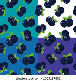 Set of four Seamless Fruit Patterns ,Berry Blueberries on White Green Purple and Blue Background, Vector Illustration