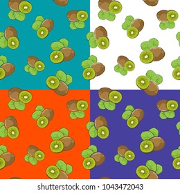 Set of four Seamless Fruit Patterns , Fruit Kiwifruit on White Green Orange and Purple Background, Vector Illustration