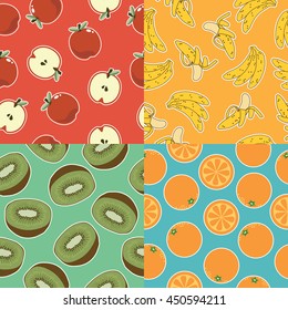 set of four seamless fruit patterns, apple banana kiwi and orange with clipping mask