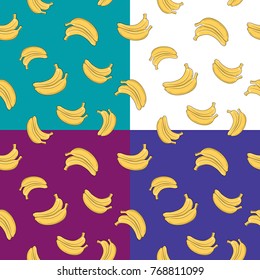 Set of four Seamless Fruit Patterns ,Tropical Yellow Fruit Banana on White Green Purple and Violet Background, Vector Illustration