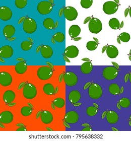 Set of four Seamless Fruit Patterns ,Tropical Fruit Lime on White Green Orange and Blue Background, Vector Illustration
