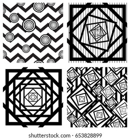 Set of four seamless geometric backgrounds, trendy modern monochrome illustrations