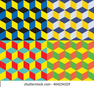 Set of four seamless geometric colorful vector background. Cube shapes. Optical illusion 4 in 1