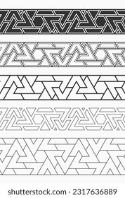 Conjunto de cuatro bordes horizontales geométricos sin fisuras con elementos hexagonales. Patrón veloz. Patrón de borde de mosaico ornamental.