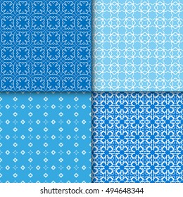 Set of four seamless geometric line patterns. Contemporary graphic design. Endless texture for wallpaper, pattern fills, web page linear backgrounds. Colorful tribal ethnic ornaments, eastern style