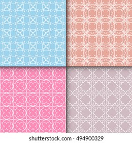 Set of four seamless geometric line patterns. Contemporary graphic design. Endless texture for wallpaper, pattern fills, web page linear backgrounds. Colorful tribal ethnic ornaments, eastern style