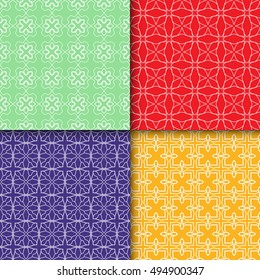 Set of four seamless geometric line patterns. Contemporary graphic design. Endless texture for wallpaper, pattern fills, web page linear backgrounds. Colorful tribal ethnic ornaments, eastern style