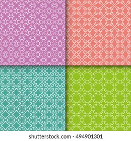 Set of four seamless geometric line patterns. Contemporary graphic design. Endless texture for wallpaper, pattern fills, web page linear backgrounds. Colorful tribal ethnic ornaments, eastern style