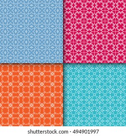 Set of four seamless geometric line patterns. Contemporary graphic design. Endless texture for wallpaper, pattern fills, web page linear backgrounds. Colorful tribal ethnic ornaments, eastern style