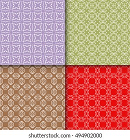 Set of four seamless geometric line patterns. Contemporary graphic design. Endless texture for wallpaper, pattern fills, web page linear backgrounds. Colorful tribal ethnic ornaments, eastern style