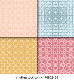 Set of four seamless geometric line patterns. Contemporary graphic design. Endless texture for wallpaper, pattern fills, web page linear backgrounds. Colorful tribal ethnic ornaments, eastern style