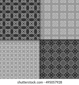 Set of four seamless geometric line patterns. Contemporary graphic design. Endless texture for wallpaper, pattern fills, web page linear backgrounds. Monochrome tribal ethnic ornaments, eastern style