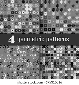 Set of four seamless geometric pattern with white and black elements, vector abstract background, white and black geometric background