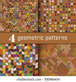 Set of four seamless geometric pattern with colored elements, vector abstract background, colorful geometric background