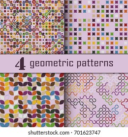 Set of four seamless geometric pattern with colored elements, vector abstract background, colorful geometric background