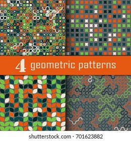 Set of four seamless geometric pattern with colored elements, vector abstract background, colorful geometric background
