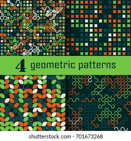 Set of four seamless geometric pattern with colored elements, vector abstract background, colorful geometric background