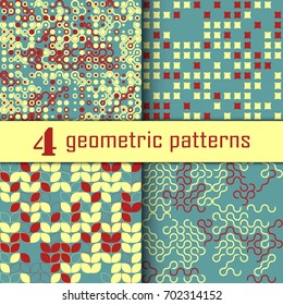 Set of four seamless geometric pattern with colored elements, vector abstract background, colorful geometric background